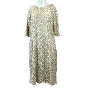AGB Women Soutache Lace Mesh Sheath Dress Boat Neck Short Sleeve Ivory Size 12